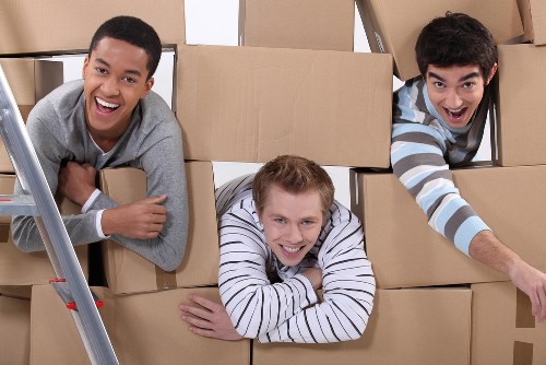 Boxes and furniture arranged for transport during a move